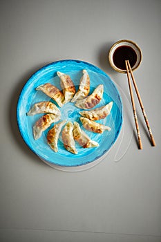 Traditional asian dumplings Gyozas on turqoise ceramic plate