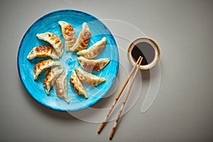 Traditional asian dumplings Gyozas on turqoise ceramic plate