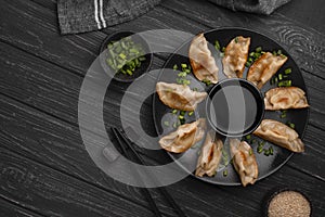 Traditional asian dumplings plate with chopsticks herbs. High quality and resolution beautiful photo concept