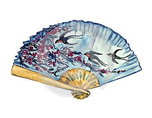 Traditional Asian fan with cherry blossom and flying swallows on blue sky background, hand painted watercolor illustration isolate
