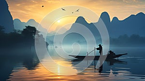 Traditional Asian fisherman at sunrise