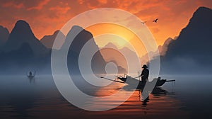 Traditional Asian fisherman at sunrise