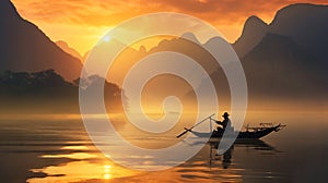 Traditional Asian fisherman at sunrise