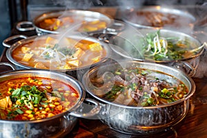 Traditional Asian Hot Pots with Steam, Variety of Broths and Fresh Ingredients on Wooden Table