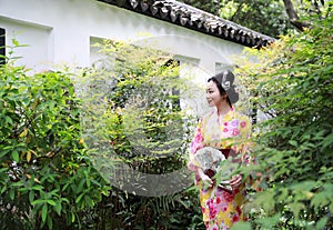 Traditional Asian Japanese beautiful Geisha woman wears kimono with a fan on hand in a summer nature