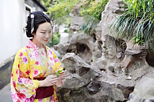 Traditional Asian Japanese beautiful woman wears kimono in a spring garden park stand by bamboo enjoy free time