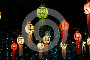 Traditional asian lantern in the courtyard shining at night