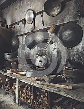 Traditional Asian style Kitchen interior with wok stove fire wood