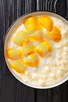 Traditional asian tapioca pudding with coconut milk and fresh mango close-up in a bowl. Vertical top view