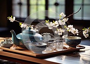 Traditional asian tea ceremony with teapot and cup of herbal green tea with blossom flowers.Macro.AI Generative