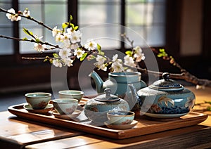 Traditional asian tea ceremony with teapot and cup of herbal green tea with blossom flowers.Macro.AI Generative