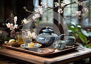 Traditional asian tea ceremony with teapot and cup of herbal green tea with blossom flowers.Macro.AI Generative