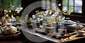 Traditional asian tea ceremony with teapot and cup of herbal green tea with blossom flowers.Macro.AI Generative