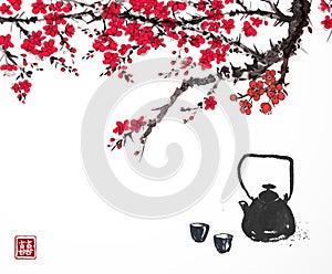 Traditional Asian tea ceremony. Teapot and cups under sakura tree. Traditional Japanese ink wash painting sumi-e