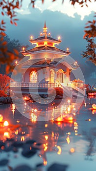 Traditional Asian temple lit up at dusk, surrounded by floating lanterns and lotus, serene ambiance. Vesak Day greeting