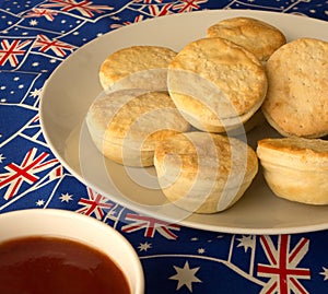 Traditional Australian Meat Pies And Tomato Sauce.