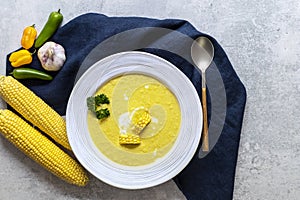 Traditional autumn spicy corn soup. Vegetarian cuisine