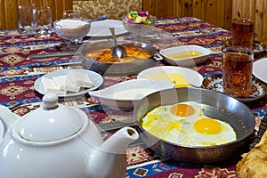Traditional Azerbaijan breakfast table with delicious food