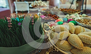 Traditional Azerbaijan holiday Nowruz cookies, baklava, other sweets on the table for celebration