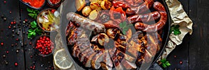 Traditional Azerbaijani Meat Platter with Sujuk, Veal, Chicken and Sausages Top View, Pickled Vegetables