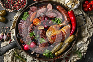 Traditional Azerbaijani Meat Platter with Sujuk, Veal, Chicken and Sausages Top View, Pickled Vegetables