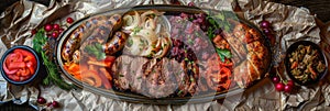 Traditional Azerbaijani Meat Platter with Sujuk, Veal, Chicken and Sausages Top View, Pickled Vegetables