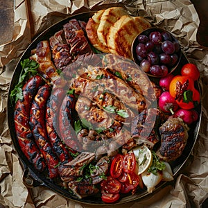 Traditional Azerbaijani Meat Platter with Sujuk, Veal, Chicken and Sausages Top View, Pickled Vegetables