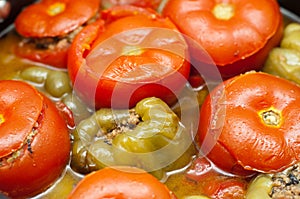 Traditional Azeri baked, stuffed peppers, aubergin photo