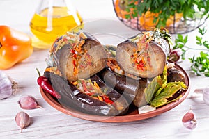 Traditional Azeri pickled eggplants famous in Southern Azerbaijan on a table