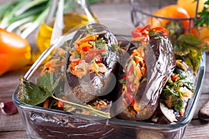 Traditional Azeri pickled eggplants famous in Southern Azerbaijan on a table