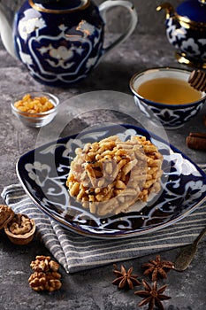 Traditional azian cake chuk chuk with honey and nuts