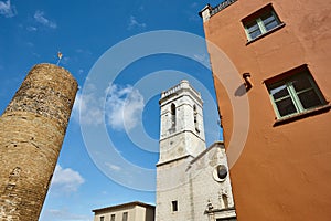 Traditional baix emporda village of Cruilles. Tower and church. Spain