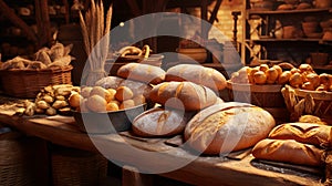 A traditional bakery, the aroma of freshly baked bread wafting. photo