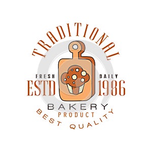 Traditional bakery product, best quality logo template, estd 1986, bread shop badge retro food label design vector