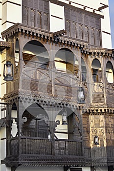 Traditional balconies of the Al Balad neighborhood in the city of Jeddah