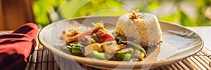 Traditional Balinese cuisine. Vegetable and tofu stir-fry with rice BANNER, long format