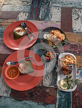 Traditional Balinese food on a stylish colourful table in Nusa Dua at Bali in