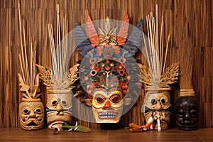 traditional balinese mask set on a bamboo mat