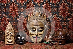 traditional balinese mask set on a bamboo mat