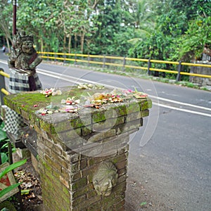 Traditional balinese offerings to gods in Bali photo