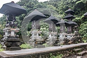 Traditional Balinese pelinggih or meru wooden towers with ijuk roofing, on the way up to Pura Luhur Lempuyang temple