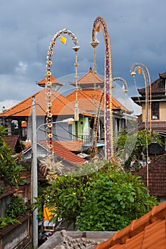 Traditional balinese roofs and ceremonial bamboo decorations, Ubud