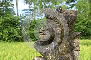 Traditional Balinese stone statuette of deity in the street near green rice terraces. Island Bali, Indonesia . Close up