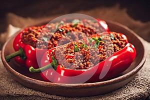 Traditional balkan dish, bell pepper or paprika filled with minced meat, generative ai