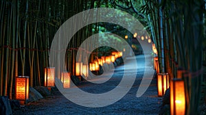 A traditional bamboo forest illuminated with soft lantern light, creating a serene New Year atmosphere