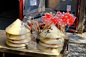 Traditional bamboo hat sold at Yamadera, Japan