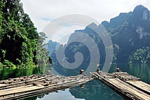 Traditional bamboo rafts on the lake at Ratchaprapa dam, Khao sok