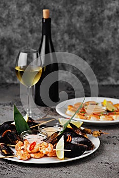 Traditional barbecue Italian blue mussel in white wine