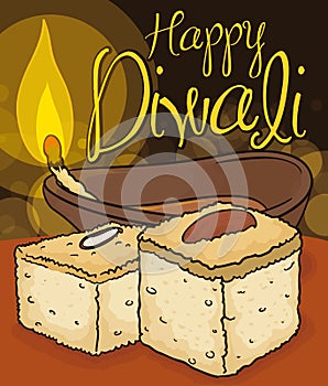 Traditional Barfi Dessert and Lighted Diya to Celebrate Diwali, Vector Illustration
