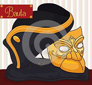 Traditional Bauta Mask, Cape and Tricorn for Carnival of Venice, Vector Illustration